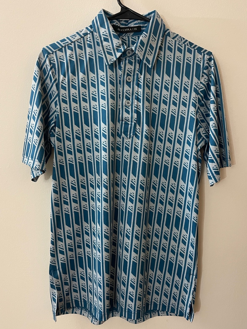Manaola Hawaii XS Men’s Teal & White Hawaiian Tribal Print Polo Shirt (Like New)